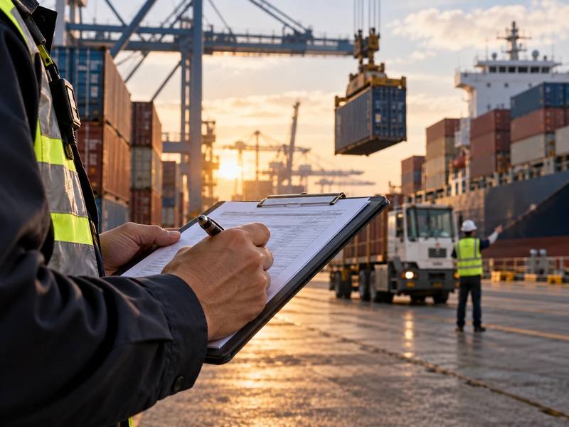 Revisión de documentación en una terminal portuaria, con grúas y contenedores al fondo